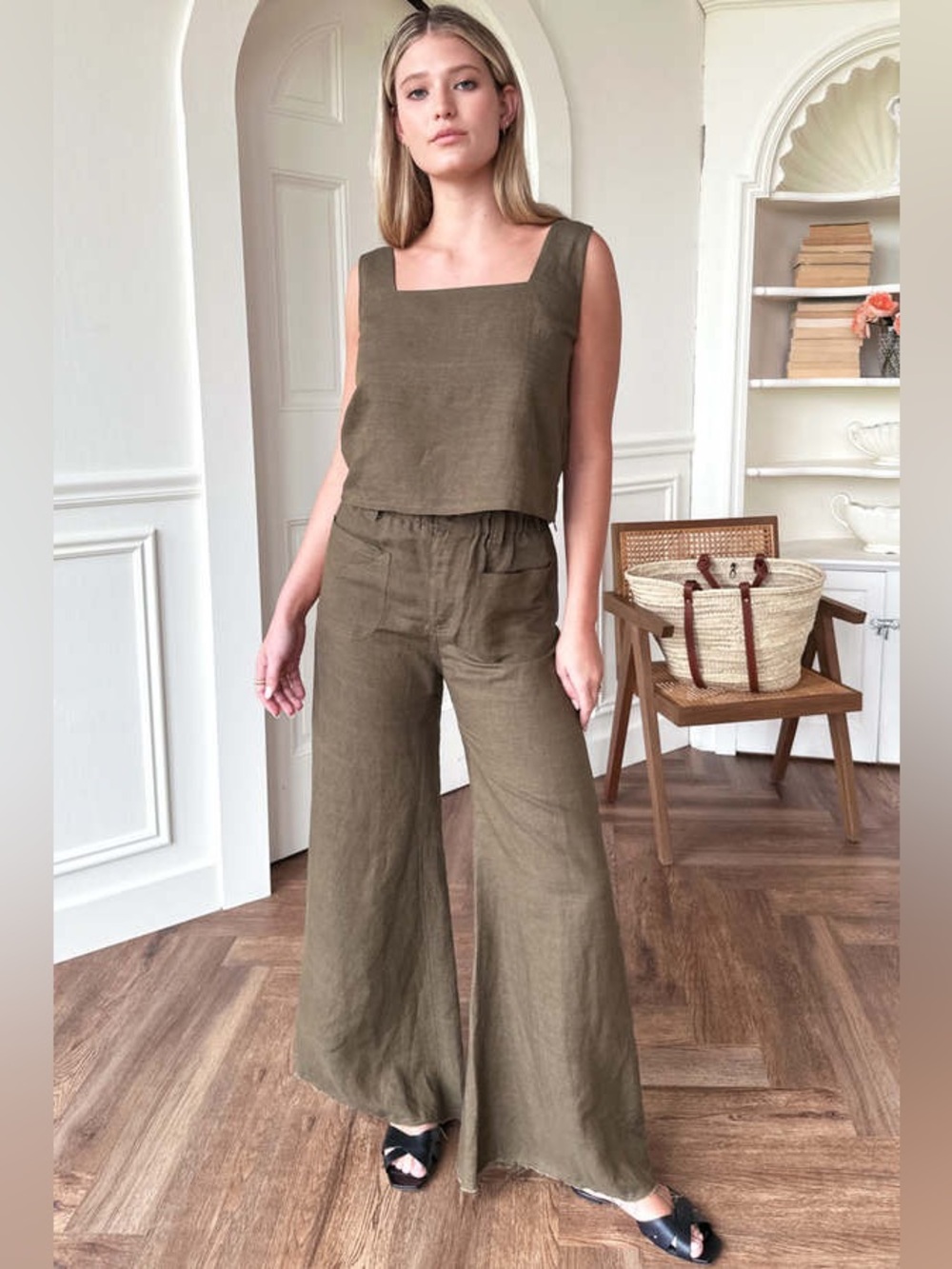 Emerson Fry Tulip Wide Leg Pants in Olive Linen